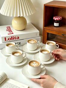6set/1set Gold & Silver Vertical Stripe Ceramic Series Cup & Saucer, Espresso Latte Art Cup, Exquisite Afternoon Tea Cup Including Coffee Cup And Saucer. Suitable For Hotel, Restaurant, Home Use, Table Decoration, Afternoon Tea, Coffee Drinking, Flower Tea, Personalized Gift, Souvenir, Party, Gathering, Birthday, Wedding Gift And Dinner. Perfect Valentine's Day Gift For Him, Mother's Day Gift - Multicolor - View 6