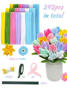 1 conjunto Kit DIY para Fazer Buquê de Macaron, Hastes de Chenille Limpadores de Tubo, Varetas Torcidas, Decoração de Chá de Bebê, Suprimentos de Flores DIY, Artesanato de Buquê Feito à Mão, Lembrancinha de Festa - Multicolorido - Visão 3