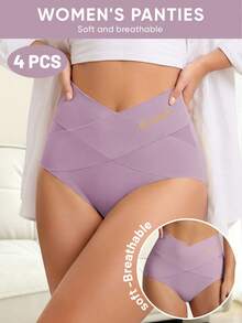 MIOTAN 4 buah celana dalam wanita pinggang sedang hingga tinggi, desain tali silang, warna polos, pengontrol perut, elastis, membentuk tubuh, pas ketat, lembut, dan bernapas. - MultiWarna - View 6