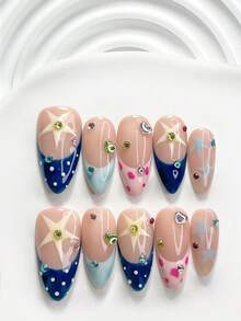 10Pcs Dreamy Style Handmade Press On Nail,Polygel Nail Set,Featuring Heart Shaped Rhinestone,Pink And Blue Nail Polish,Playful Style,Includes Nail Tools,3 Sizes Available,Square,Short Square,Almond,Nails For Party,Dance,Daily Wear. - 彩色 - 查看 20