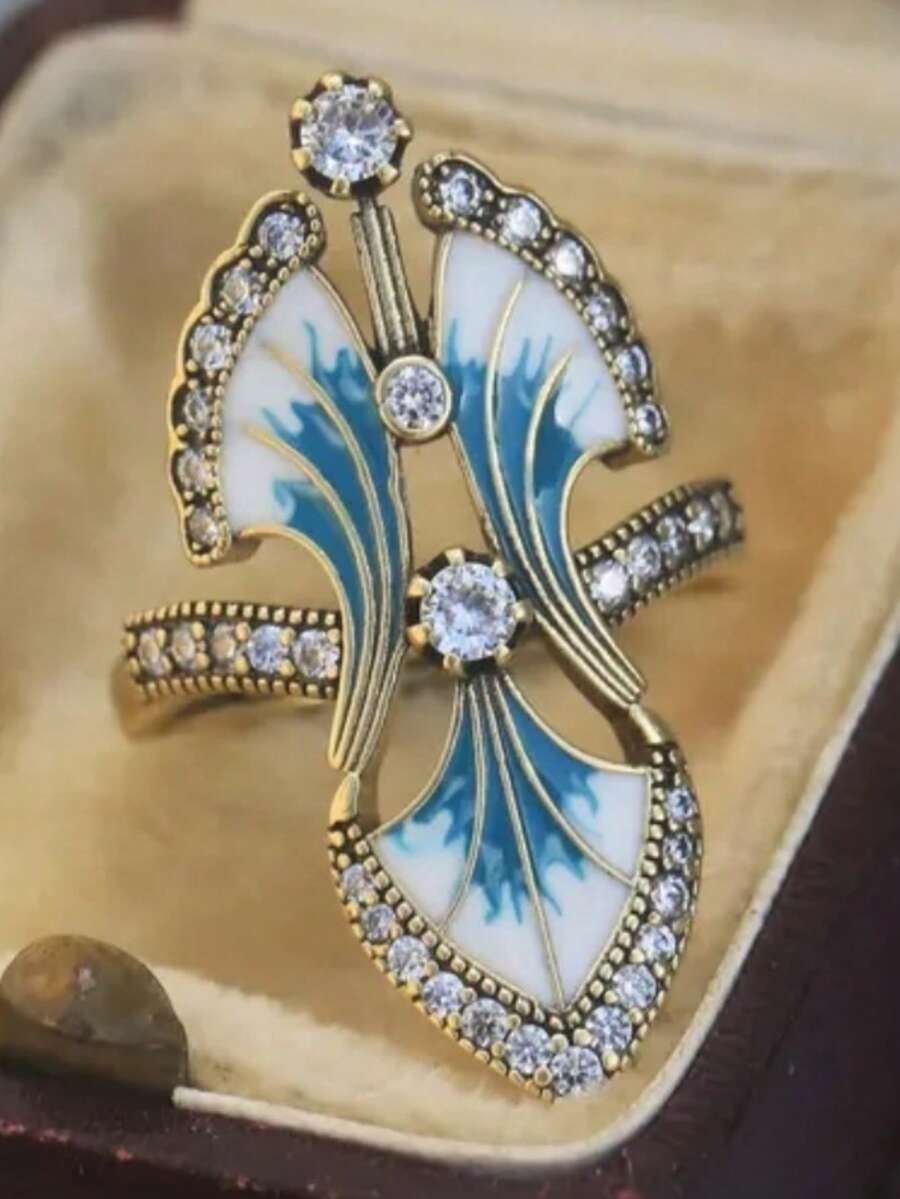 Blue Enamel Plant Leaf Design Women's Ring With Sparkling Synthetic Cubic Zirconia, Fresh Style Party & Daily Fashion Accessory, Versatile Jewelry - Multicolor - View 1