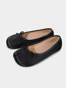 New Women's Fashion Elegant Solid Color Bow Decor Slip-On Round Toe Peep Toe Flat Black Loafers - Black - View 7