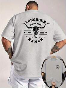 Men's Western Cowboy T-Shirt - Bison And Bull Skull Print, Texas Ranch Design, Breathable Knit Fabric, Double-Sided Short Sleeve T-Shirt - Hitam - View 10