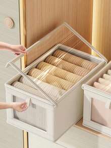 1pc Beige & Grey Fabric Storage Basket, Transparent Window Foldable Storage Box, Durable Clothing Organizer Box. Large Capacity Closet Storage Container, Suitable For Wardrobe Storage Room Use And Daily Clothing Storage & Organization. - Multicolor - View 5