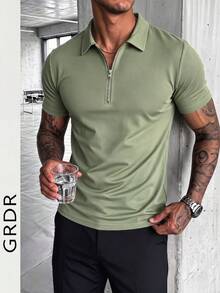 GRDR 男士夏季半拉链 Polo 领短袖 T 恤，适合户外休闲穿着 - 綠色 - 查看 6