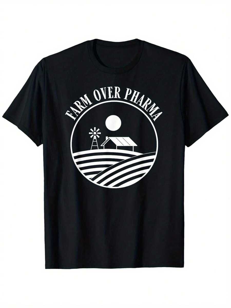 Camiseta con Estampado Farm Pharmacy - Negra, Unisex, Casual, Cuello Redondo, Manga Corta,% Algodón, Tallas S-, Diseño de Casa de Campo con Ilustraciones de Molino de Viento y Sol