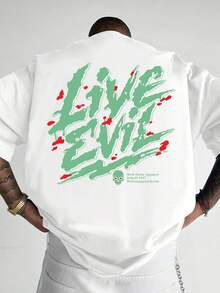 Camiseta moderna y a la moda con estampado de letras y diseño de gotas de sangre en contraste verde y rojo, corte holgado, imprescindible para hombres con estilo, que muestra un estilo indiv - Negro - Ver 1