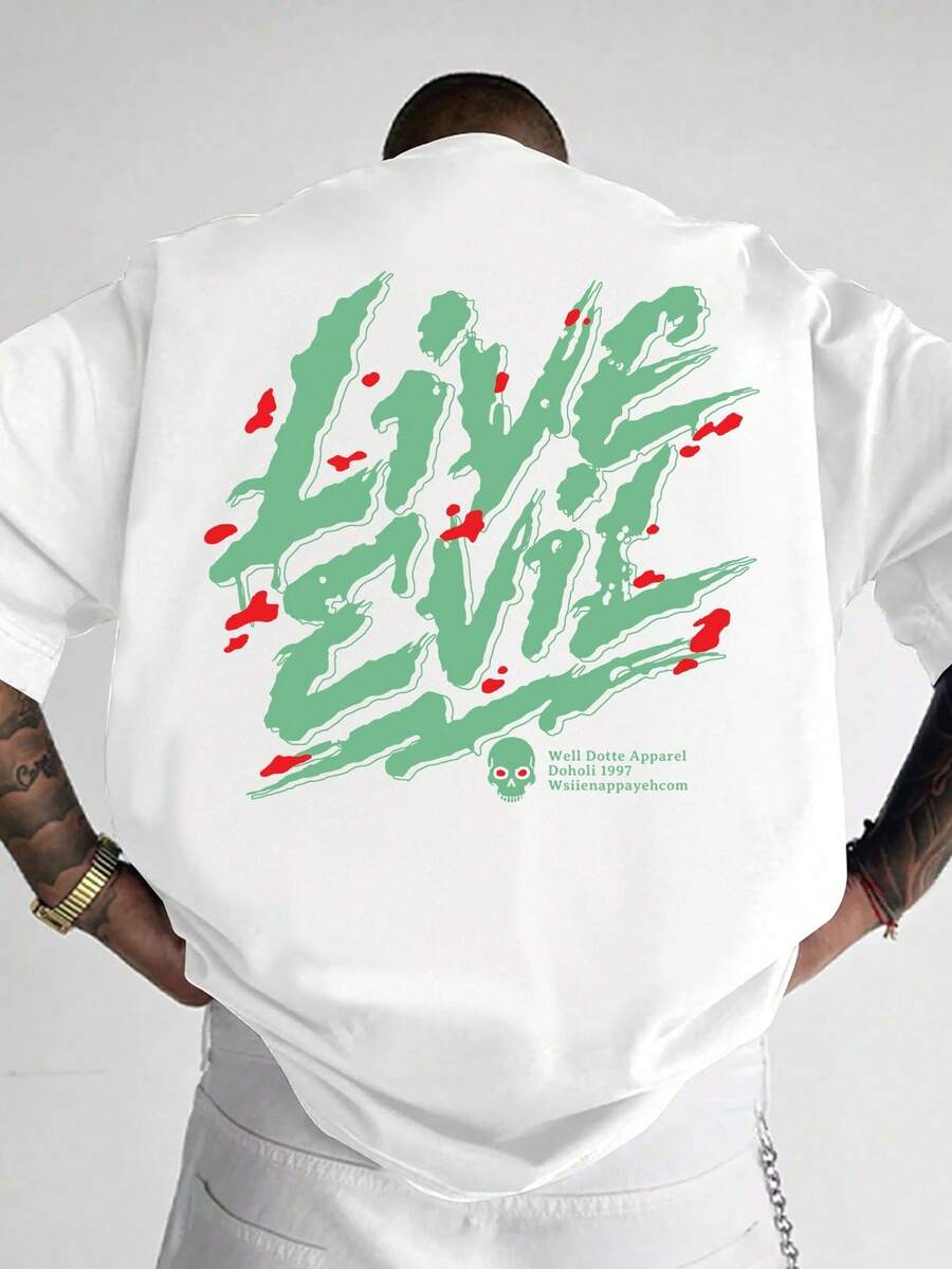 Camiseta moderna y a la moda con estampado de letras y diseño de gotas de sangre en contraste verde y rojo, corte holgado, imprescindible para hombres con estilo, que muestra un estilo indiv - Negro - Ver 1