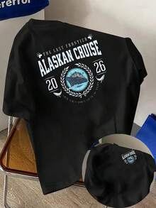 Camiseta para hombre, crucero por Alaska, diseño vintage con estampados frontales y traseros, moda masculina de manga corta, adecuada para uso diario casual y actividades de fitness al aire - Negro - Ver 1