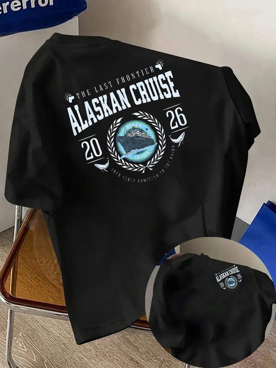 Camiseta para hombre, crucero por Alaska, diseño vintage con estampados frontales y traseros, moda masculina de manga corta, adecuada para uso diario casual y actividades de fitness al aire - Negro - Ver 1