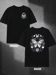 Camiseta de hombre% estampada por ambos lados |   La parte delantera presenta un pequeño diseño floral de mariposas, mientras que la parte trasera muestra un delicado patrón botánico a g - Negro - Ver 1