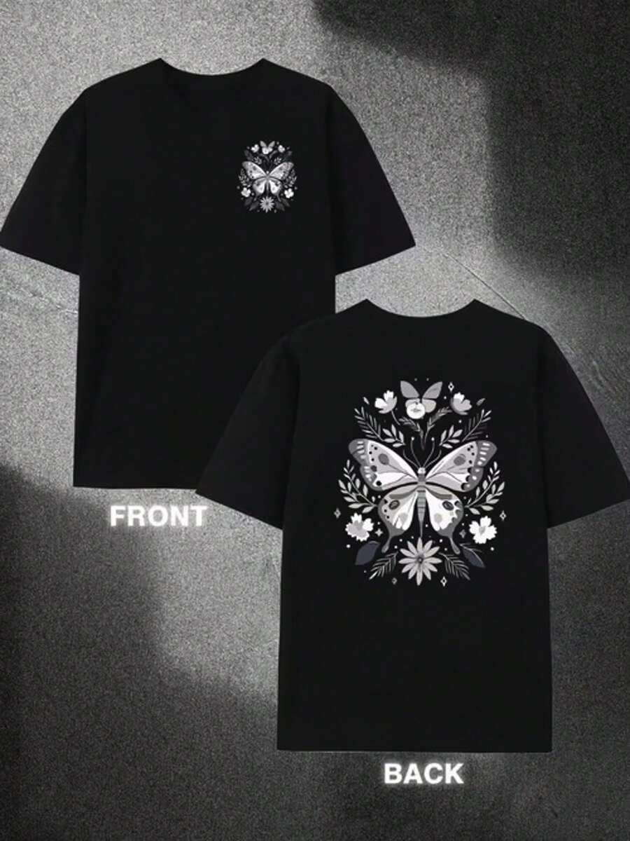 Camiseta de hombre% estampada por ambos lados |   La parte delantera presenta un pequeño diseño floral de mariposas, mientras que la parte trasera muestra un delicado patrón botánico a g - Negro - Ver 1