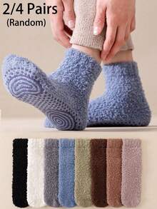 2/4 Pairs Women's Winter Socks, Anti-Slip Silicone Bottom, Thick Warm Plush Socks, Suitable For Autumn/Winter, Comfortable And Warm - Multicolor - View 2