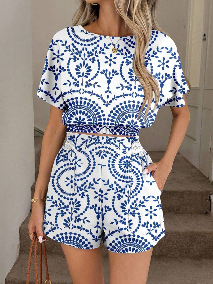 Women's Casual And Elegant Vintage Floral Print Set, Includes A Blouse With A Round Neck And Gathered Waist, And Shorts With Ruffles At The Waist And Pockets - 多色 10 - 查看 1