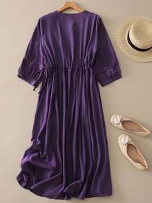 Plus Size Summer Autumn Vintage Romantic Casual Elegant Lace Patchwork Dress For Women, Waist Tie V-Neck Slimming Design Lace Patchwork Collar, Lace Patchwork Cuffs, Commute Vacation Holiday Daily Mid-Length Dress - Purple - View 3