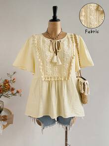 Rusttydustty Plus Size Women's Bohemian Yellow Ruffle Sleeve Blouse, Suitable For Vacation And Daily Wear Summer - Light Yellow - View 2