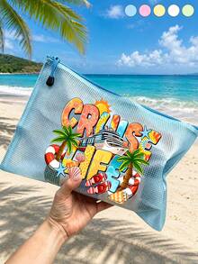 防水時尚沙灘包，印有「CRUISE LIFE」棕櫚樹圖案，輕便多功能收納包，大容量透明化妝包配尼龍拉鍊，網格便攜式化妝包，適合春夏收納，耐用，適合游泳、沙灘、潛水和夏季度假，適合朋友、家人、閨蜜、同學。適合生日、節日、派對、母親節、教師節禮物和紀念品。 - 彩色 - 查看 7