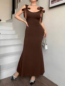 abyoxi 女款棕色蝴蝶結肩帶修身魚尾長洋裝，性感甜美優雅時尚浪漫，適合約會、派對、正式晚宴、新年、情人節，夏季修身魚尾長洋裝 - 棕色 - 查看 6