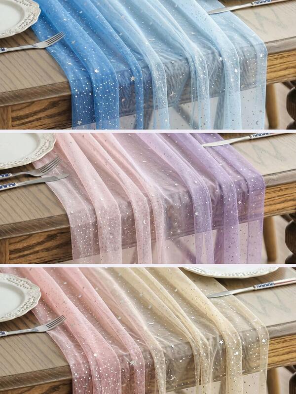 1pc 72*300cm Pink Purple Table Runner With Sequin Silver Foil Process Transparent Mesh Fabric Rectangular Indoor/Outdoor Decor Suitable For Wedding Banquet Holiday Party Birthday Party Family Dinner Table Decoration Ambiance Daily Home Decor All Seasons