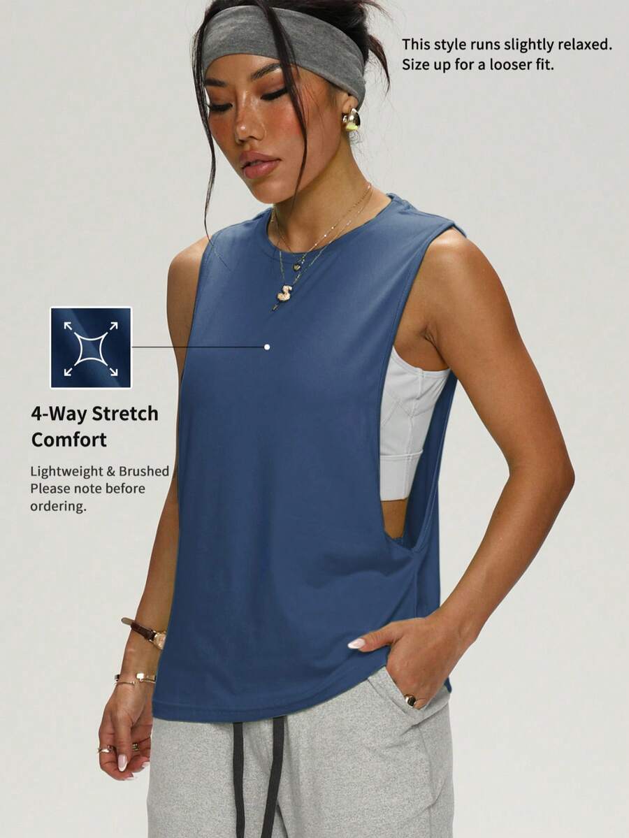 Tank Top Wanita Tanpa Lengan Warna Polos, Longgar, Tipis, Elastis, Cocok untuk Olahraga Musim Semi/Panas, Latihan di Gym, Lari, Aktivitas Luar Ruangan, Olahraga Santai, Gaya Sederhana, Leher Bulat - Navy Blue - View 1