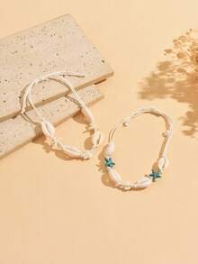 2pcs/Set Gelang Kaki Tali Kepang Dekoratif Berlapis Motif Kura-kura dan Bintang Laut Gaya Liburan Pantai yang Modis untuk Wanita, Cocok untuk Pemakaian Sehari-hari, Liburan Musim Panas, Pesta Pantai, Festival Musik - MultiWarna - View 3