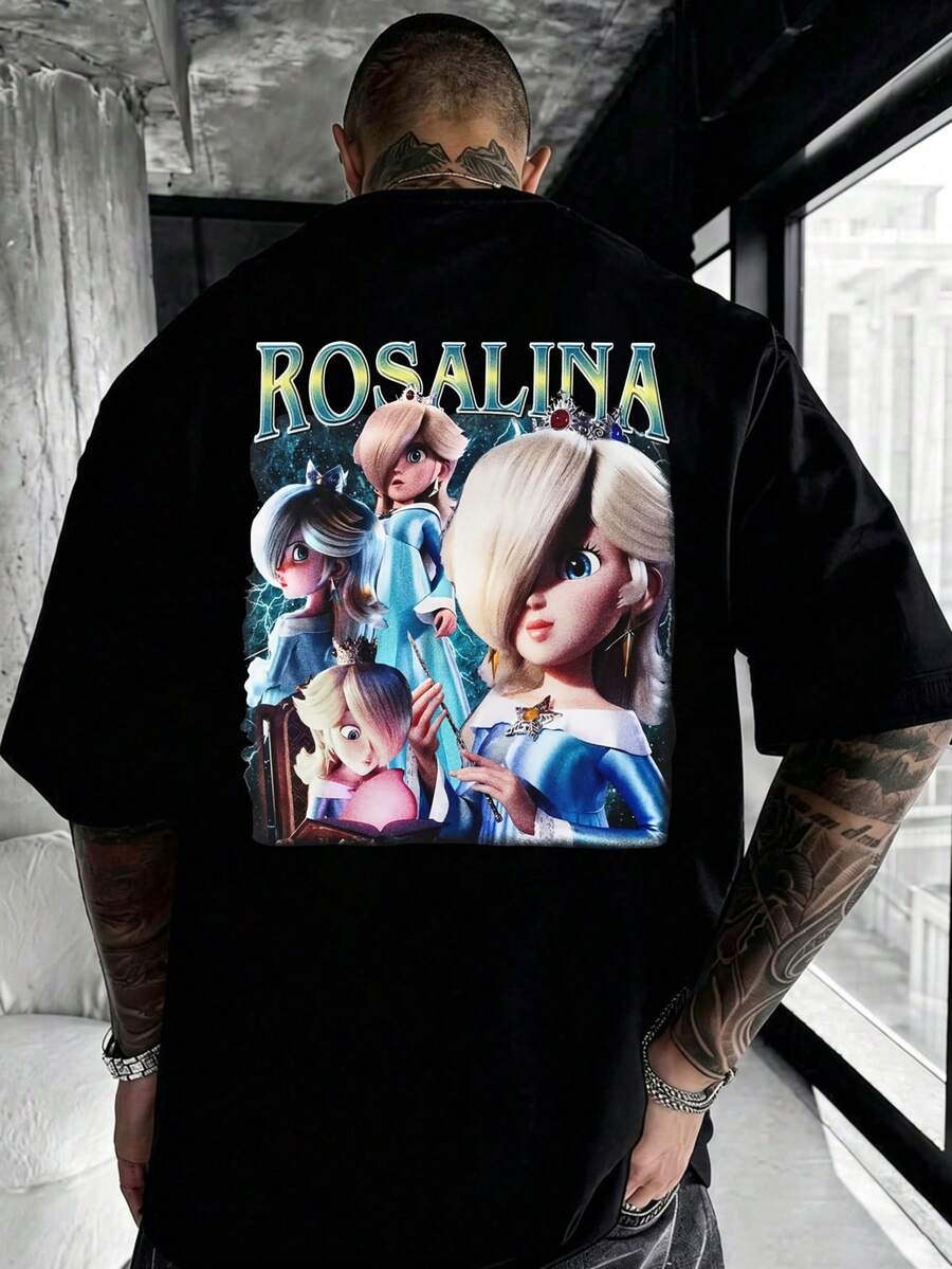 Einteiliges T-Shirt, neuer Stil 2026, lustiger und neutraler Aufdruck auf der Rückseite, Freizeitkleidung, schwarz, Rosalina-Grafikdesign und Figuren mit Text für Alltagsoutfits, Geschenk für die Feiertage, 100% Baumwolle, vielseitige Mode, täglicher Freizeit-Look, kurzärmelig, . - Schwarz - Übersicht 1