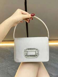 Vintage Textured Lychee Grain PU Handheld Bowling Bag, Autumn/Winter Versatile Fashion Women's Work Commute Crossbody Pillow Bag - Silver - View 5
