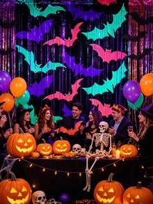 1pc 1*2m Fluorescent Bat Rain Curtain, Halloween Theme Party Backdrop, Glows Under Fluorescent Light, Party Decoration, Suitable For Holiday Party And Celebration Decor, Halloween, Create Festive Atmosphere - Multicolor - View 9