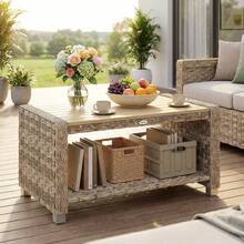 Outsunny Outdoor Coffee Table With Storage Shelf, PE Rattan Side Table With Slatted Top And Foot Pads For Patio, Garden, Balcony, 90 X 50 X 45 Cm, Light Brown - Mocha Brown - View 1