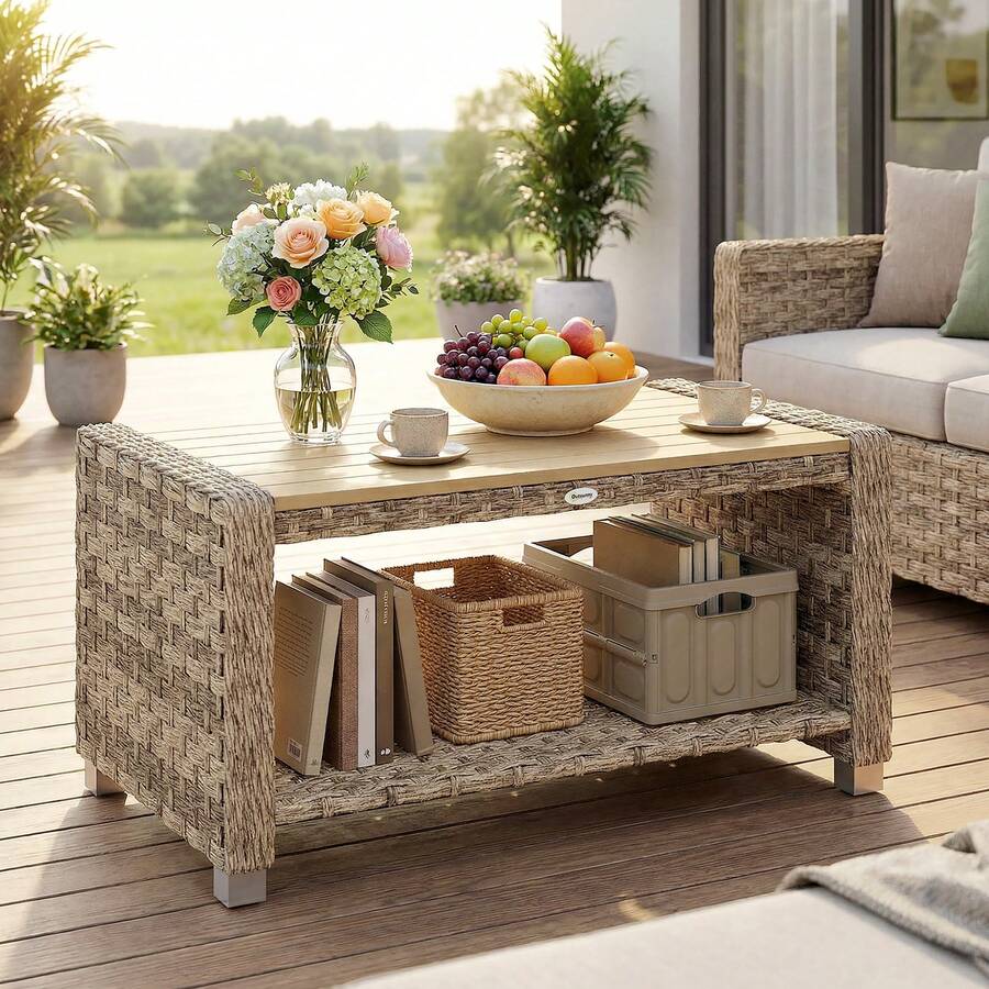 Outsunny Outdoor Coffee Table With Storage Shelf, PE Rattan Side Table With Slatted Top And Foot Pads For Patio, Garden, Balcony, 90 X 50 X 45 Cm, Light Brown - Mocha Brown - View 1