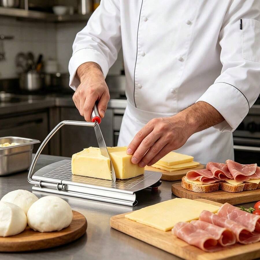 Ein meißelartiger, progressiver Schinkenschneider und Butterschneider – rutschfest, langlebig, spülmaschinenfest – Küchenhelfer mit einstellbarer Schnittstärke zum Schneiden von Käse, Butter, Schinken und weichem Gemüse. - Übersicht 1