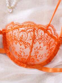 2件組女款刺繡蕾絲內衣套裝，半透心形胸罩配蝴蝶結內褲，舒適居家風女式兩件套 - 橘色 - 查看 5