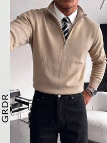 GRDR 男士休闲长袖半拉链针织衫，日常百搭 - 駝色 - 查看 5