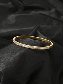 不鏽鋼18K鍍金心形手鐲套組，銅鑲嵌立方氧化鋯開口手鐲，時尚日常佩戴女性禮物 - 金色 - 查看 6