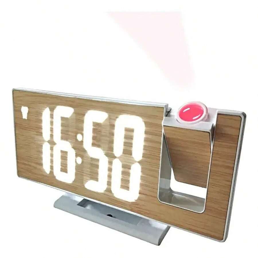 Relógio Digital Projetor Mesa Despertador LED Madeira USB - Tamanho Único - Visão 1