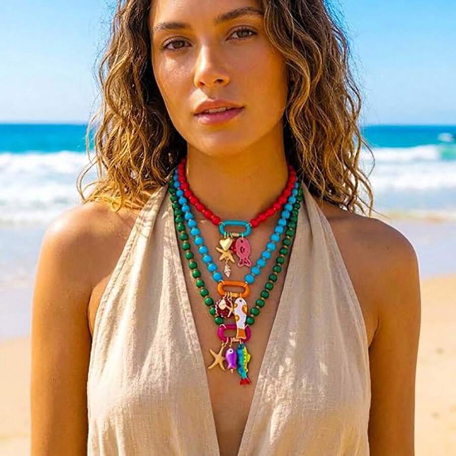 New European And American Cross-Border Summer Ocean Style Shell Beach Colorful Beaded Starfish Chain Heart Fish Pendant Copper Accessory - Red Beaded Necklace - View 1