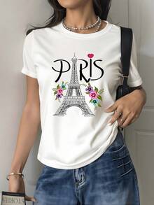 Torre Eiffel con flores y palabra Paris que expresa romance y amor por la ciudad más elegante camiseta de mujer casual moderna - Blanco - Ver 1