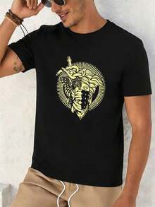 Men's Black Medusa and Snake Graphic T-Shirt, Fall Crew Neck, Relaxed Fit, Casual, Comfortable Fit, Unique Graphic Print - Preto - Ver 2