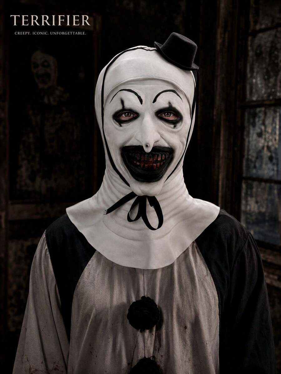 Gruselige Clown Latex Kopfmaske mit Mini Hut, Vollkopf Horror Kostümmaske, geeignet für Halloween Party Cosplay - A - Übersicht 1