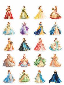 50Pcs Watercolor Royal Princess Dress Stickers, Multipurpose Decals For Journal Scrapbooking & Gift Packaging | Mixed Baroque Luxury Princess Outfit Designs For Notebook & Vintage Album School Supplies - A - View 8