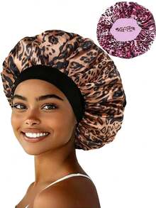 CONFLASS 5/2/1pc Fashionable Pink Brown Coffee Leopard Print Butterfly Wide Brim Round Hat Elastic Fabric Sleep Cap Wig Cap Satin Hat, Unisex, All Season - Pink - View 2