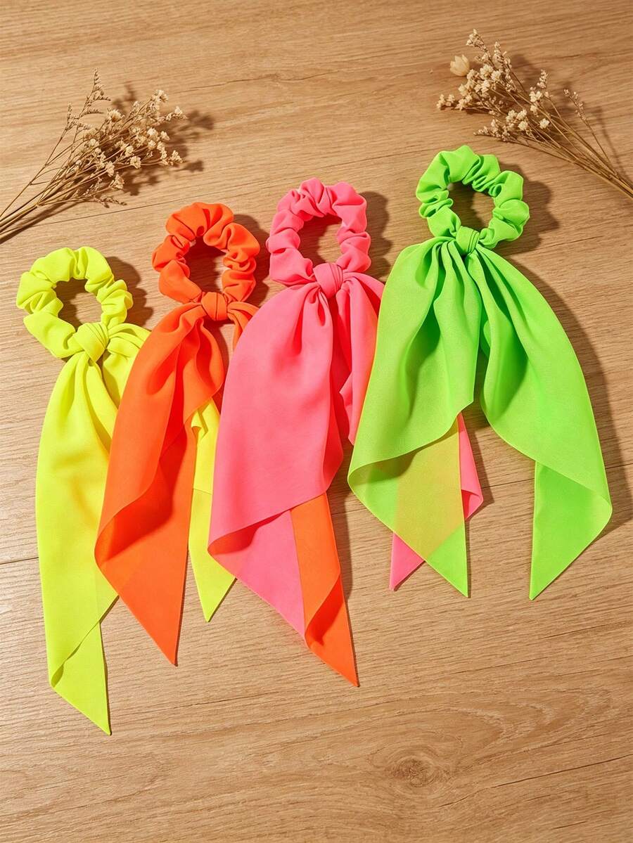 4pcs Chiffon Triangle Scarf, Ribbon, Scrunchie, Neon Color Hair Band Hair Accessories