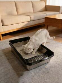 1pc Large Semi-Enclosed Stainless Steel Cat Litter Box, High Splash-Proof Side Kitty Toilet With Litter Trapping Pedal, Non-Stick Easy Clean Metal Cat Potty For Adult Large Cats & Multi-Cat Household - one-size - View 4