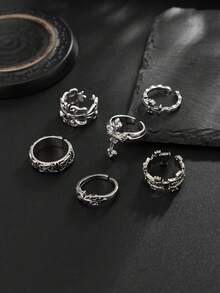 6pcs/Set Fashion Street Punk Style Cross Flower Ring Set, Suitable For Daily Wear And Holiday Decoration - Antique Silver - View 3