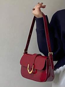 Lacquered Polyurethane Leather Handbag For Women, Burgundy Baguette Bag, Y2K Babe Bag, Shoulder/Underarm Mini Square Bag,Student Retro Inspired Bag - Màu Đỏ Sâu - Xem 1