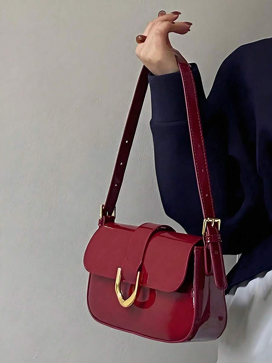 Lacquered Polyurethane Leather Handbag For Women, Burgundy Baguette Bag, Y2K Babe Bag, Shoulder/Underarm Mini Square Bag,Student Retro Inspired Bag - Màu Đỏ Sâu - Xem 1