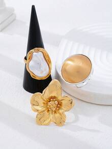 3PCS Gold-Plated Thick Women's Ring Set - Flower, Brushed Dome, And Baroque Style Pearl Stackable Ring, Suitable For Daily And Occasion Wear - Flower, Brushed Dome and Baroque Pearl Ring Set - View 2