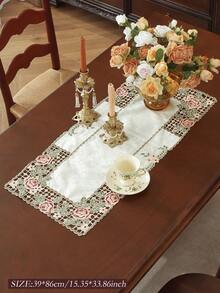 ABEST6522 Home&Living store 100% Polyester Creme Jacquard Tischläufer mit Dreieck-Bogenkante, rosa Rosenstickerei und Cut Out Cutwork-Spitzenrand, Vintage Blumen Deko Tischläufer für Esstisch, Hochzeit, Landhausstil, Teetisch, Heimdekoration - Verschiedenfarbig - Übersicht 8