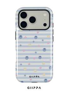 GIIPPA 1 pieza Funda de teléfono con base de rayas horizontales azul claro con diseño de patrón de arándanos y pequeñas estrellas, Funda de teléfono 17 Pro Max, Compatible con teléfono 16 Pro Max, 15 Pro Max, 14 Pro Max, Funda de teléfono de moda de alta gama estilo coreano divertido, Compatible con 11/12/13/14/15/16 Pro Max Plus, Diseño elegante adecuado para hombres y mujeres, ¡Regalo perfecto para novia en Navidad, Día de San Valentín, Pascua, Temporada de bodas y cumpleaños! - Multicolor - View 1