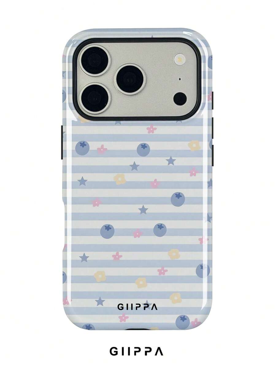 GIIPPA 1 pieza Funda de teléfono con base de rayas horizontales azul claro con diseño de patrón de arándanos y pequeñas estrellas, Funda de teléfono 17 Pro Max, Compatible con teléfono 16 Pro Max, 15 Pro Max, 14 Pro Max, Funda de teléfono de moda de alta gama estilo coreano divertido, Compatible con 11/12/13/14/15/16 Pro Max Plus, Diseño elegante adecuado para hombres y mujeres, ¡Regalo perfecto para novia en Navidad, Día de San Valentín, Pascua, Temporada de bodas y cumpleaños! - Multicolor - View 1